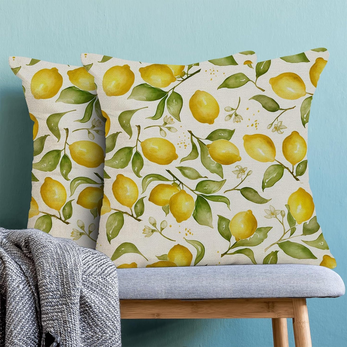 Summer Pillow Covers 18x18 Inch Set of 2 Yellow Lemon Floral Throw Pillows Outdoor Decorative Seasonal Spring Summer Yellow Green Leaves Floral Pillowcases Linen Cushion Covers for Sofa Couch