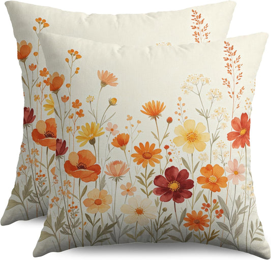 Fall Floral Pillow Covers 18x18 Inch Set of 2, Burnt Orange Autumn Colored Flower Decorative Throw Pillowcases Seasonal Wildflower Outdoor Farmhouse Holiday Cushion Cases Sofa Couch Bed Decor
