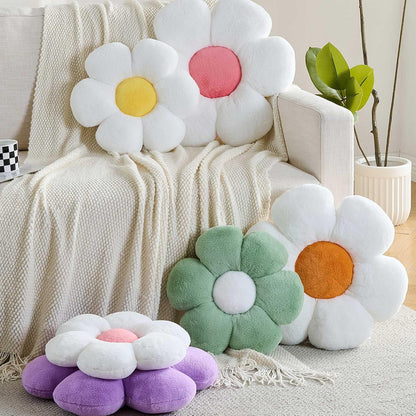 CANGHI Flower Pillow White Yellow 15.7" Plush Throw | Cute daisy shaped aesthetic cushion for bed, sofa, chair & floor seating, cozy floral home accent.