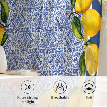 Sheer Curtains 45 Inches Long for Living Room/Bedroom, Blue Yellow Lemon Rod Pocket Voile Kitchen Curtains & Drapes Window Treatment 1 Panel, 52"W x 45"L Summer Country Fruits Italian Style