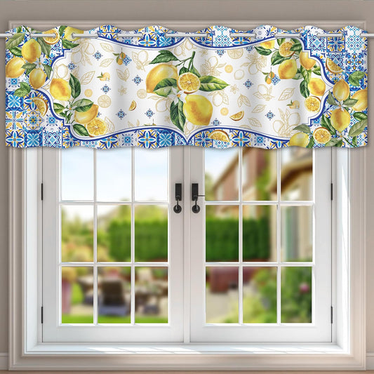 Lemon Kitchen Valance for Windows, Yellow and Blue Mediterranean Curtains Valances 54”x18”, Farmhouse Sunner Decorations for Home, Seasonal Sunshine Window Treatment Tiers