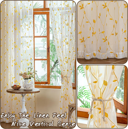 AmHoo 2 Panels Embroidered Leaf Pattern Semi Sheer Curtains Foliage Floral Voile Window Draperies Treatment for Bedroom Living Room Rod Pocket White Gold Yellow 53 x 63 Inch