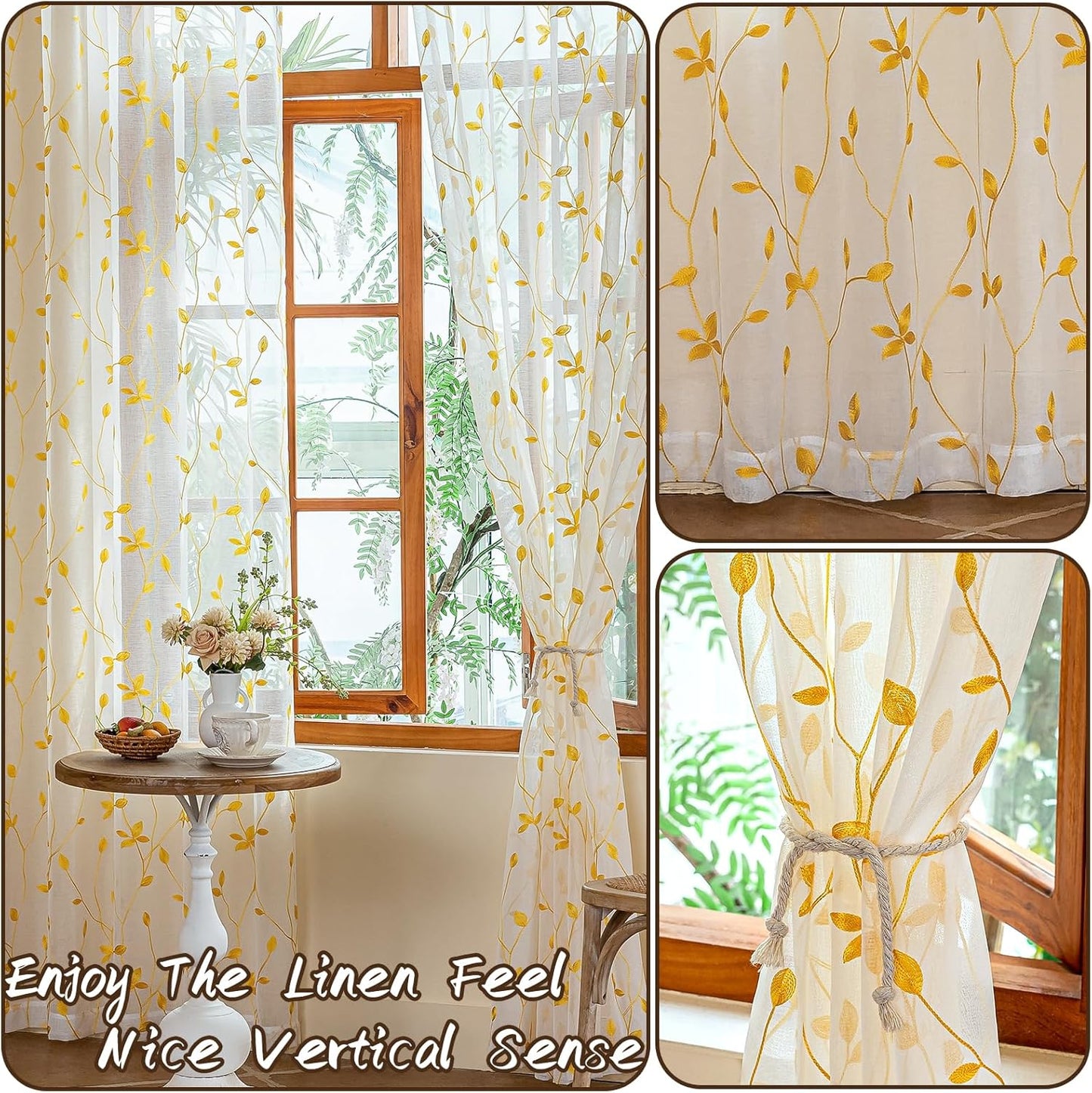 AmHoo 2 Panels Embroidered Leaf Pattern Semi Sheer Curtains Foliage Floral Voile Window Draperies Treatment for Bedroom Living Room Rod Pocket White Gold Yellow 53 x 84 Inch