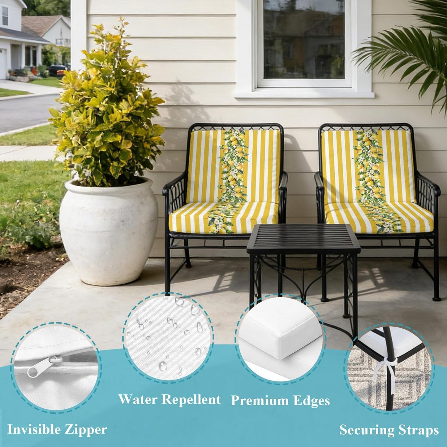 Outdoor Patio Cushion Covers 2 Pack Yellow Lemon Stripes Chair Pads Slipcovers with Ties Waterproof Floral Fruit Leaves Seat Cushion Covers for Outdoor Furniture Protector Couch Sofa 22x20 Inch