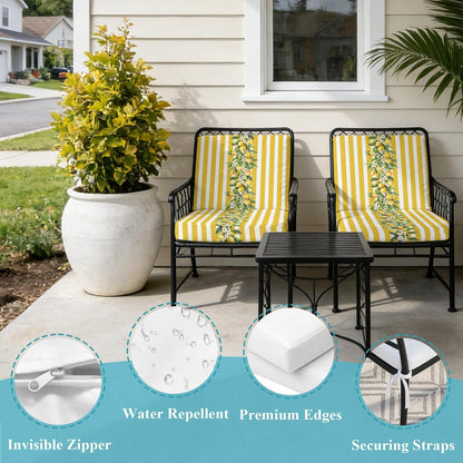 Outdoor Patio Cushion Covers 2 Pack Yellow Lemon Stripes Chair Pads Slipcovers with Ties Waterproof Floral Fruit Leaves Seat Cushion Covers for Outdoor Furniture Protector Couch Sofa 22x20 Inch