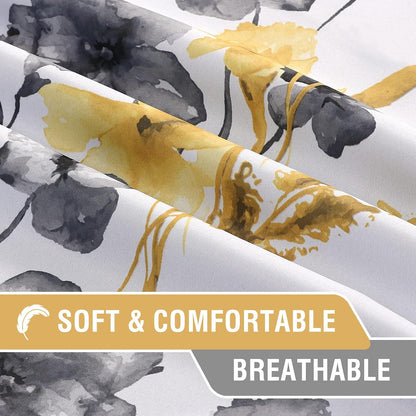 H.VERSAILTEX 100% Blackout Curtains 84 inch Length 2 Panels Set Cattleya Floral Printed Drapes Leah Floral Thermal Curtains for Bedroom with Black Liner Sound Proof Curtains, Grey and Yellow