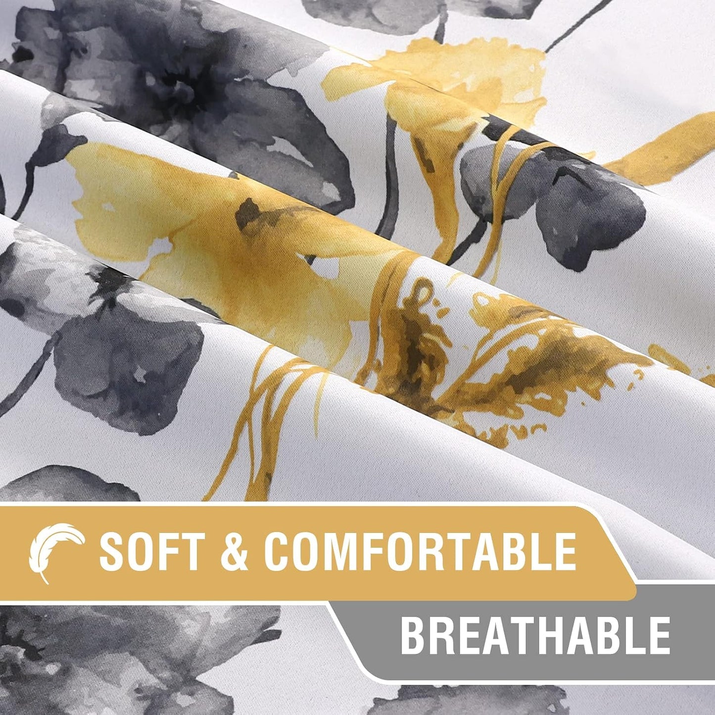 H.VERSAILTEX 100% Blackout Curtains for Bedroom Cattleya Floral Printed Drapes 84 Inches Long Leah Floral Pattern Full Light Blocking Drapes with Black Liner Rod Pocket 2 Panels, Grey/Yellow
