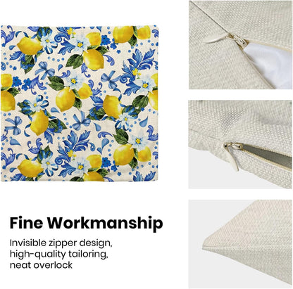Spring Pillow Covers 18x18 Pack of 2 Blue Yellow Lemon Floral Throw Pillow Covers Outdoor Summer Seasonal Flower Decor Pillowcase Farmhouse Decorative Square Cushion Case for Home Couch
