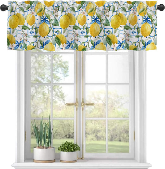 Curtain Valances,Hand Drawn Lemons and Blue Tiles Semi Sheer Kitchen Windows Valances,Rod Pocket Short Window Treatment Light Filtering Decor Valances for Kitchen Living Room Bedroom Windows - 54"x18"