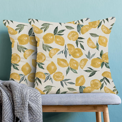 Yellow Lemon Pillow Covers 18x18 Inch Set of 2 Summer Throw Pillows Outdoor Decorative Seasonal Spring Summer Yellow Lemon Green Leaves Pillowcases Linen Cushion Covers for Sofa Couch