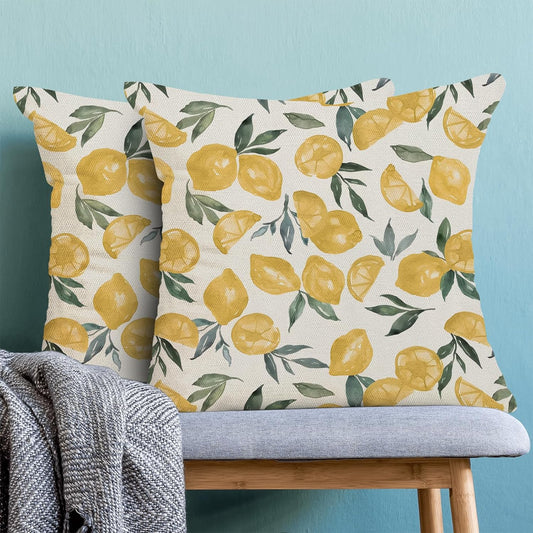 Yellow Lemon Pillow Covers 18x18 Inch Set of 2 Summer Throw Pillows Outdoor Decorative Seasonal Spring Summer Yellow Lemon Green Leaves Pillowcases Linen Cushion Covers for Sofa Couch
