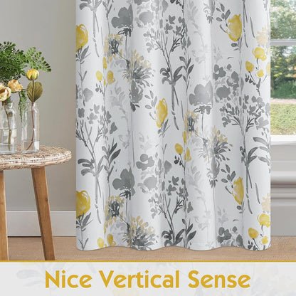 100% Blackout Floral Curtains 84 Inches Long for Bedroom, Living Room Thermal Insulated Flower Window Treatments, Noise Reduction Grommet Watercolor Pattern Drapes Grey Yellow 2 Panels Set