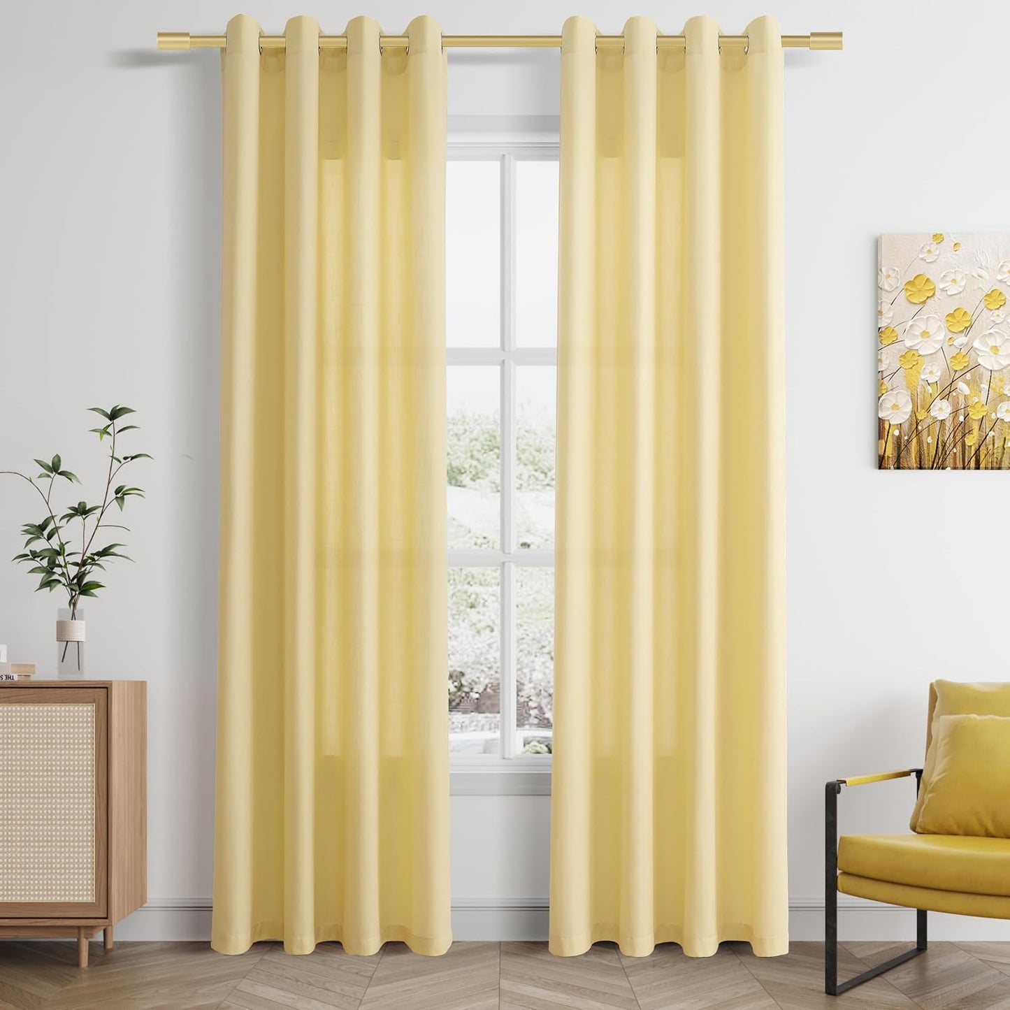 Jowels Yellow Linen Curtains 84 Inch Length 2 Panels for Living Room Bedroom, Light Filtering Sheer Curtains 84 Inches, Elegant Modern Grommet Semi Sheer Soft Privacy Drapes
