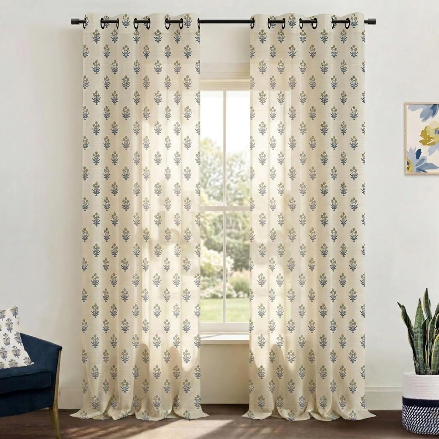 Lino Rosa Spring Mustard Yellow Curtains for Living Room,Sheer Flower Pattern Retro Floral Pretty Mid Century Modern Curtains for Bedroom Window 2 Panel Sets,52 x 84 Inches Long,Yellow and Blue