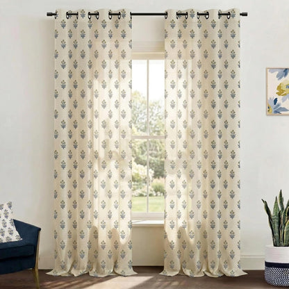 Lino Rosa Spring Mustard Yellow Curtains for Living Room,Sheer Flower Pattern Retro Floral Pretty Mid Century Modern Curtains for Bedroom Window 2 Panel Sets,52 x 84 Inches Long,Yellow and Blue