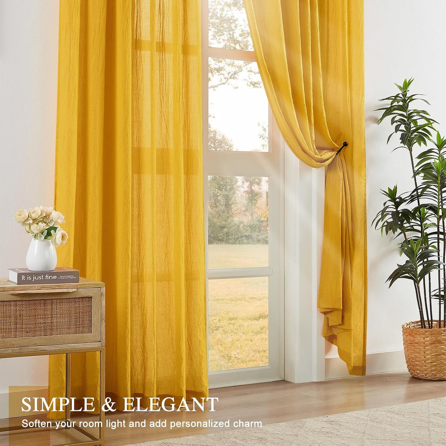Anpark Elegant Gold Sheer Curtains 63 Inch Length for Bedroom Living Room, Light Filtering Natural Cotton Linen Yellow Semi Sheer Curtains Rod Pocket Privacy Voile Drapes, W52 x L63 in, 2 Panels