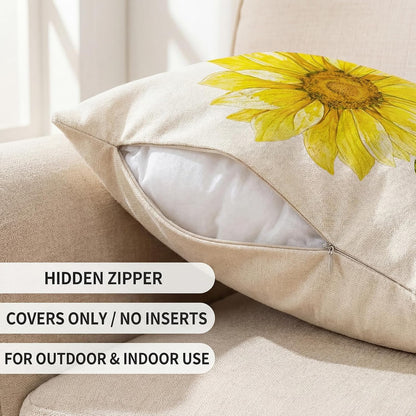 Spring Sunflower Decor Outdoor Throw Pillow Covers Waterproof 18x18 Inches Set of 4, Summer Sun Flower Decorative Pillows for Couch Porch and Patio Furniture, Mustard Yellow Floral Farmhouse Pillow
