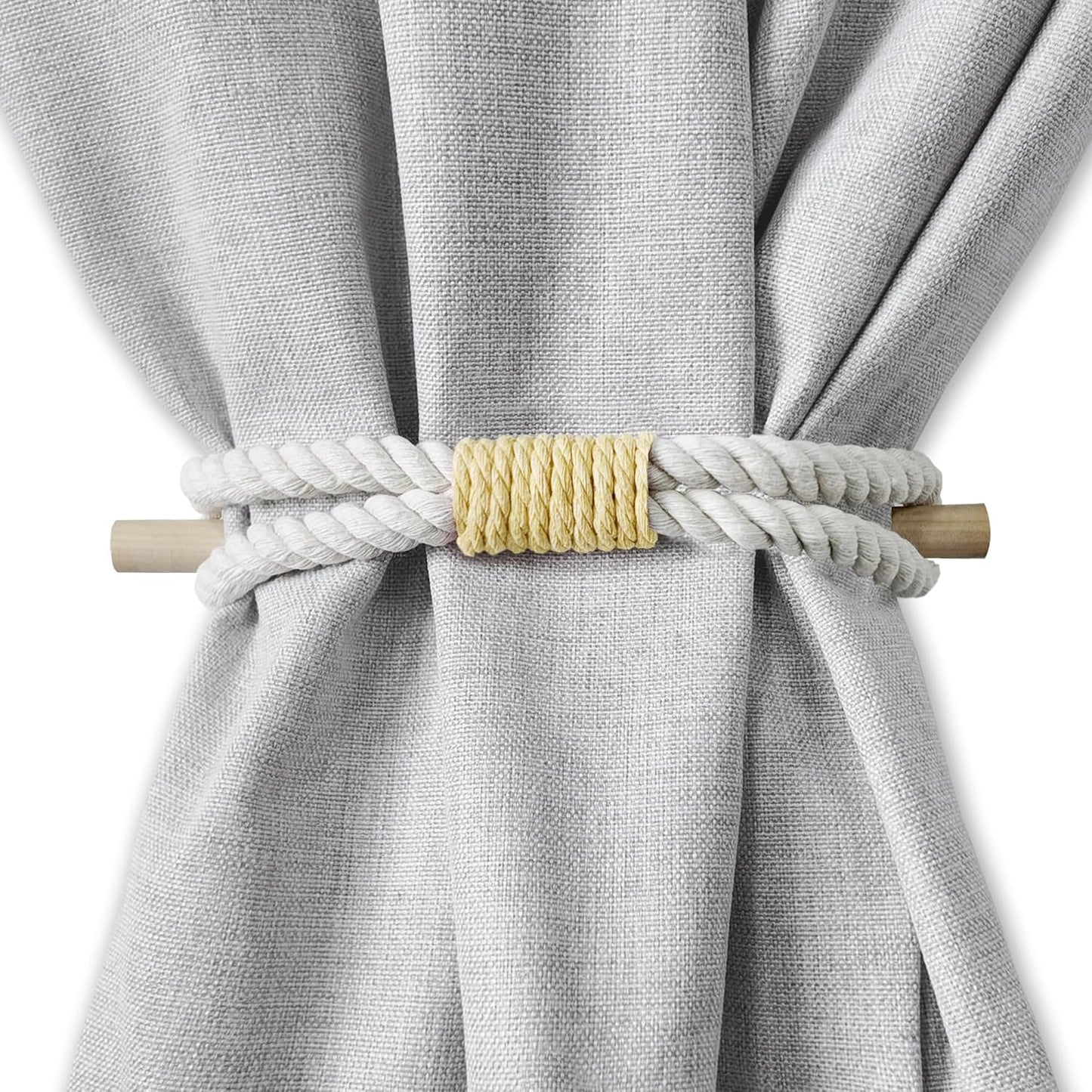 Curtain Tiebacks Rustic Holdbacks for Drapes, Farmhouse Tie Backs for Curtains, Cotton Rope with Wood Club, Natural Boho Decor Shabby Chic Drapery Holder, Pack-2, Yellow