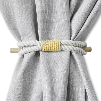 Curtain Tiebacks Rustic Holdbacks for Drapes, Farmhouse Tie Backs for Curtains, Cotton Rope with Wood Club, Natural Boho Decor Shabby Chic Drapery Holder, Pack-2, Yellow