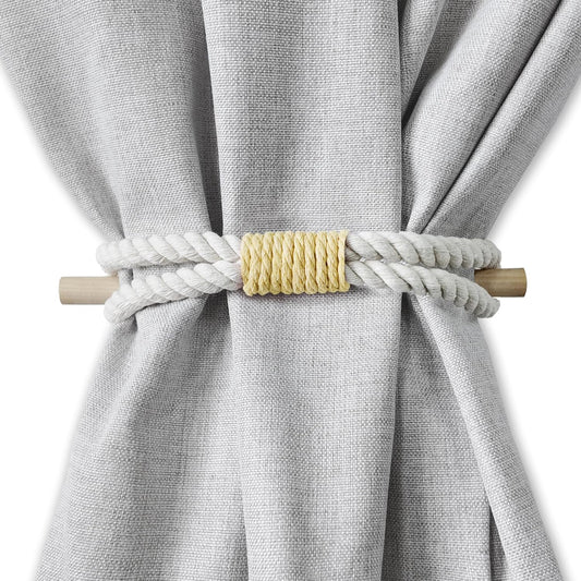 Curtain Tiebacks Rustic Holdbacks for Drapes, Farmhouse Tie Backs for Curtains, Cotton Rope with Wood Club, Natural Boho Decor Shabby Chic Drapery Holder, Pack-2, Yellow