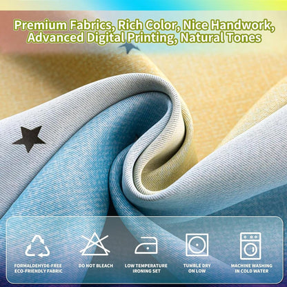 52x63 2-in-1 Double-Layer Kids & Girls Unicorn Princess Ombre Blackout Curtains with Foil Print Sheer, 2 Panels Set - Green Yellow Blue