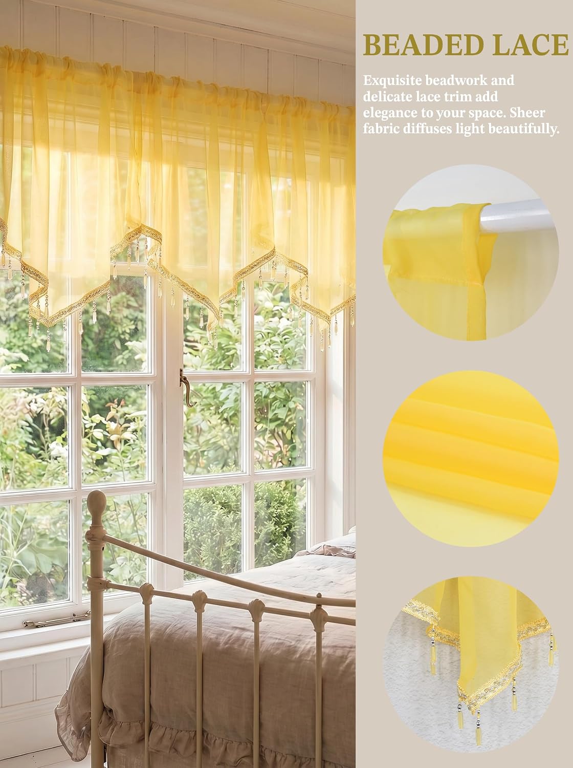 Molaxhome Swag Curtain 51 inch Length Rod Pocket Scalloped Curtain Valance Sheer Lace Panels with Hanging Crystal Beads for Kitchen Bedroom Window Treatments Drape Decor 1pc (Yellow, 51Wx23L)