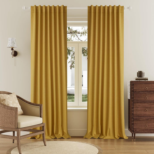 DUALIFE Yellow Linen Full Blackout Curtains 108 Inch Length 2 Panels Set for Living Opaque Privacy Back Tab Thermal Insulated 100% Black Out Room Darkening 9ft Window Curtain Drapes 108 Inches Long