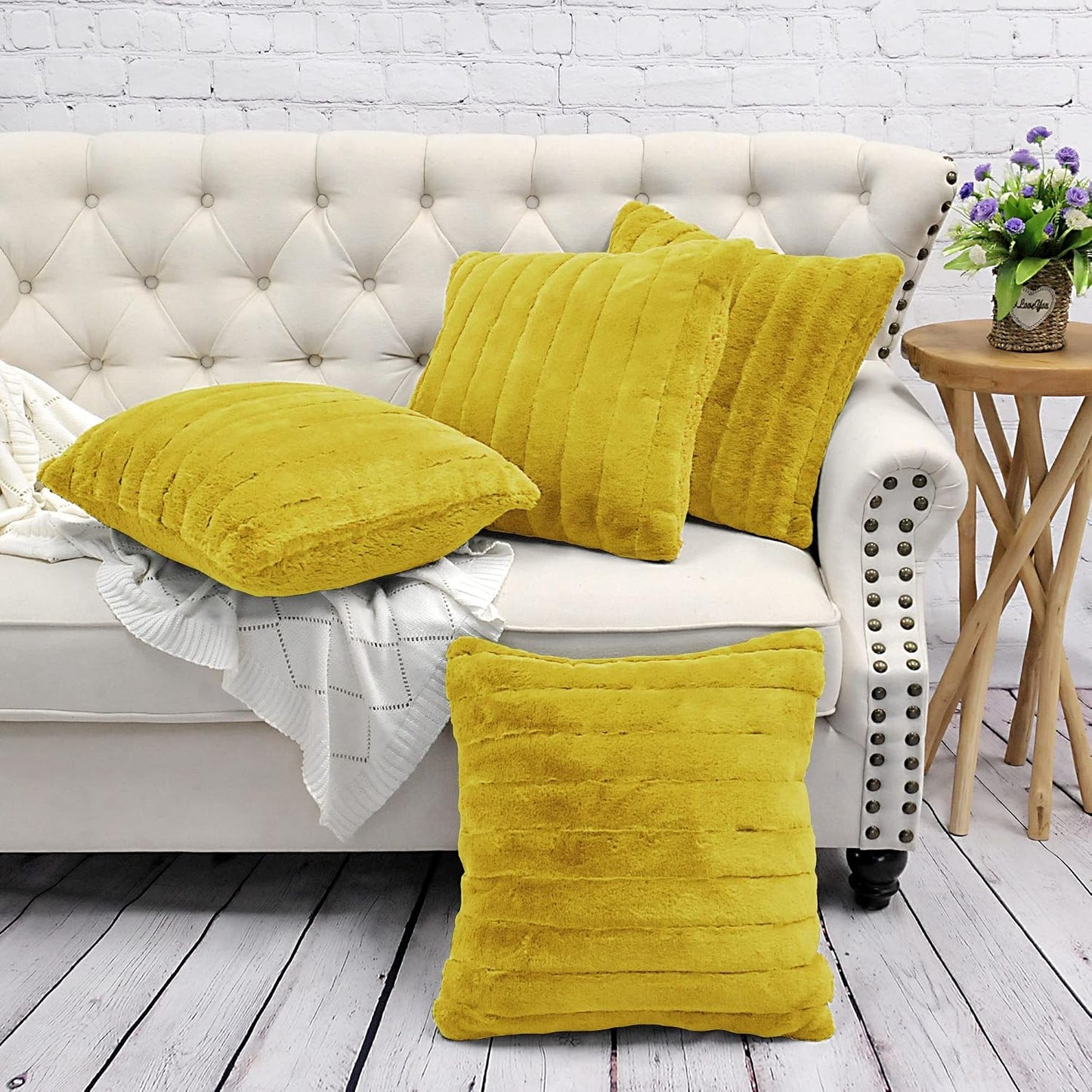 Striped Faux Fur Decorative Square Throw Pillow Covers with Sherpa Back 20 x 20 Inches Set of 4, Plush Soft Luxury Cushion Case Pillowcase for Couch Bed Bedroom Living Room, Mustard Yellow