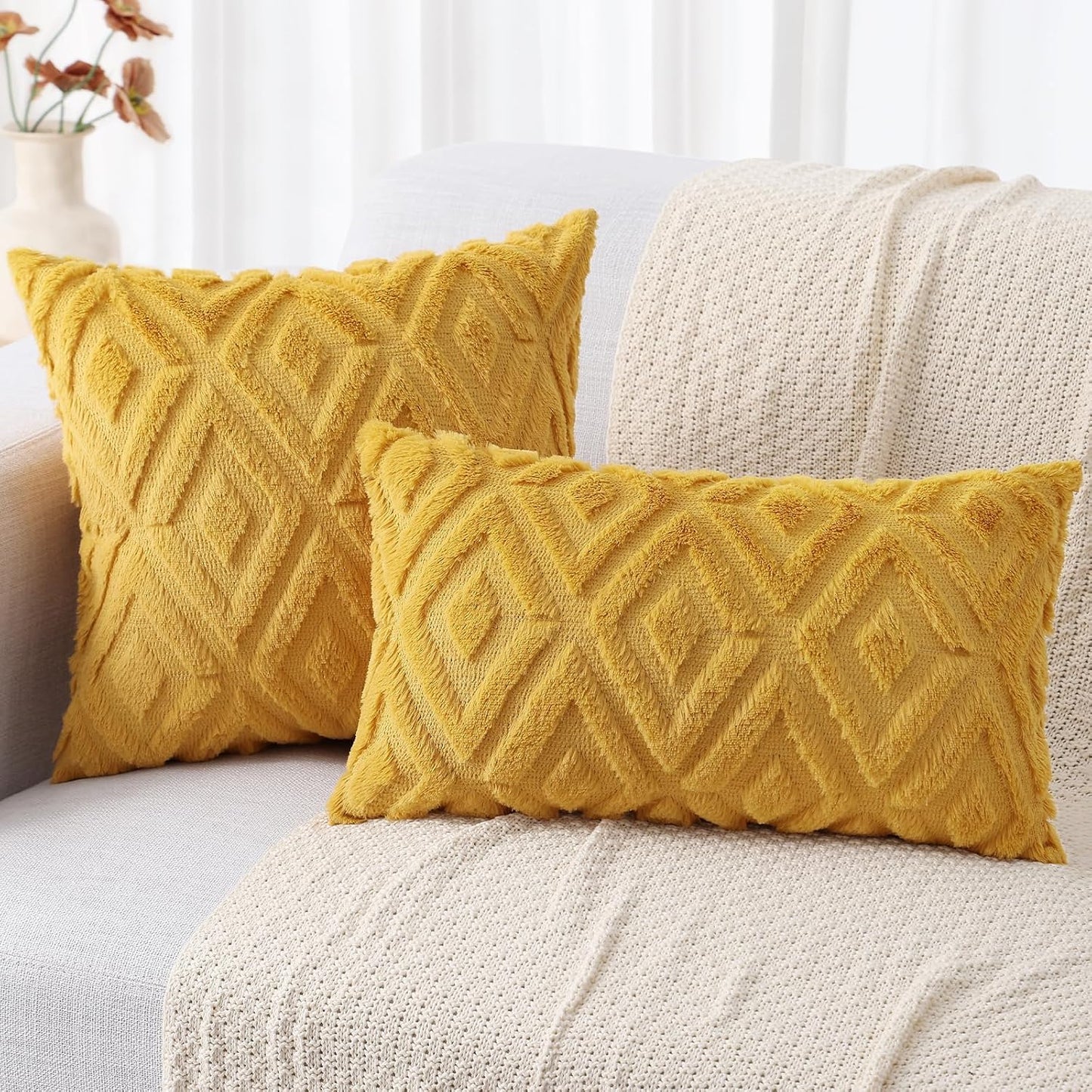 decorUhome Fall Couch Throw Pillow Covers 18x18 Set of 2, Decorative Soft Plush Faux Fur Wool Accent Pillow Covers for Modern Farmhouse Bed Sofa Living Room, Mustard Yellow
