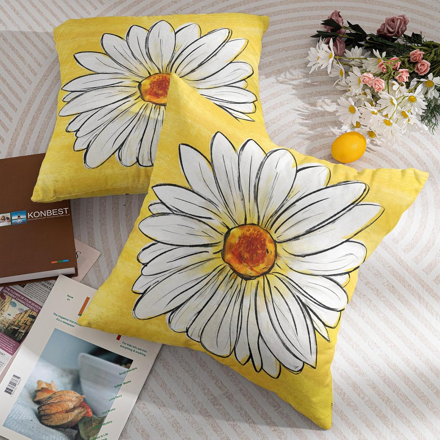 Robvobe Spring Daisy Pillow Covers 18x18 Set of 2 Cute Floral Yellow Summer Outdoor Decorative Throw Pillows Farmhouse Flower Pillowcases Linen Cushion Case Decor for Home Sofa Couch Bed