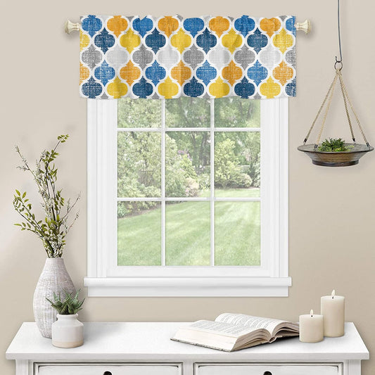 Valances Curtains for Living Room Retro Moroccan Pattern Yellow Gray and Indigo Blue Semi Sheer Valance for Windows Rod Pocket Window Treatment Decor Curtains Light Filtering Kitchen Valance 54"x18"