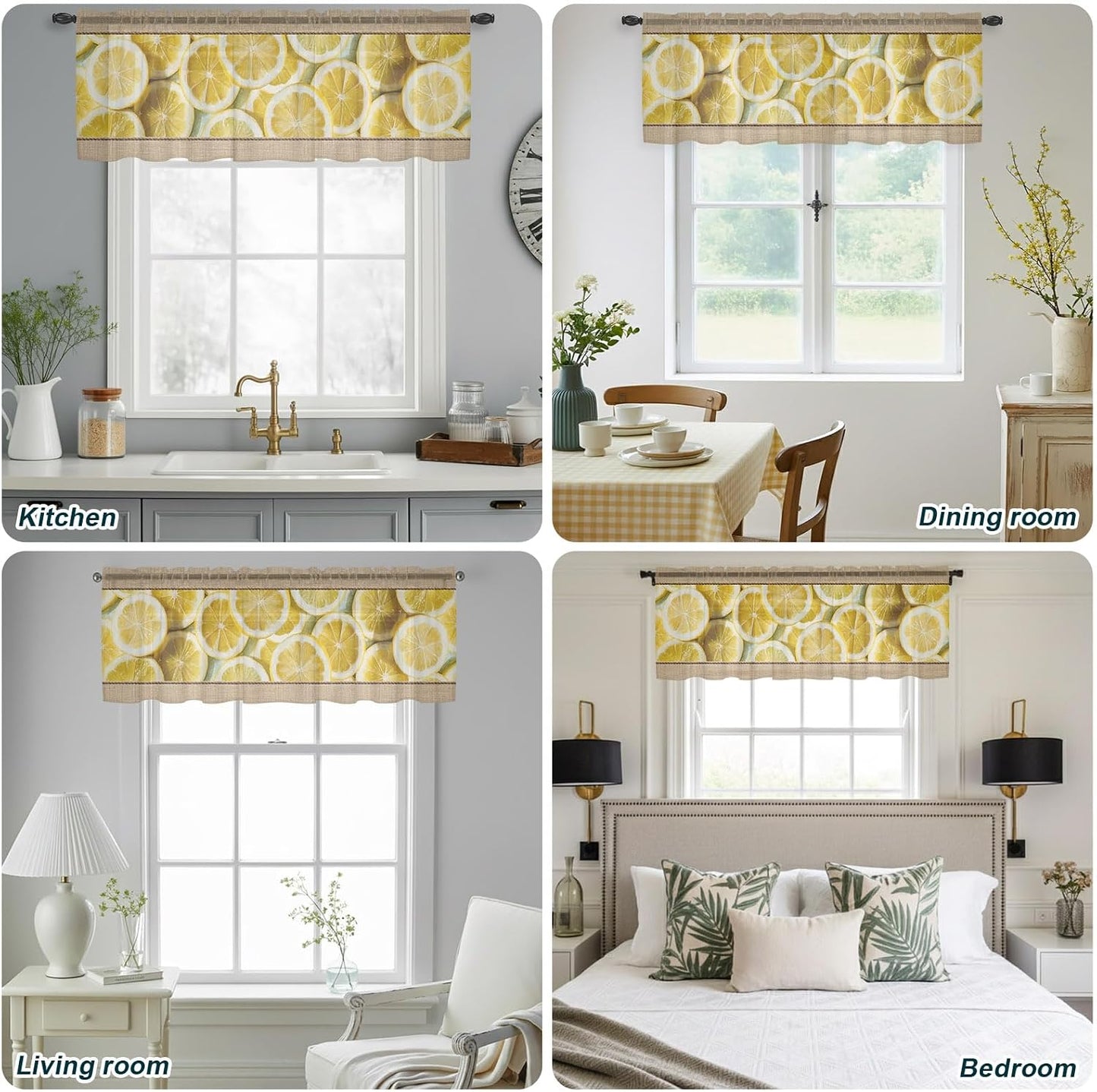 Farmhouse Lemons Sheer Curtains Valances for Windows Summer Country Yellow Fruits on Linen Chiffon Kitchen Valances for Cafe, Voile Window Treatments Curtains for Living Room Bedroom, 54"x18"
