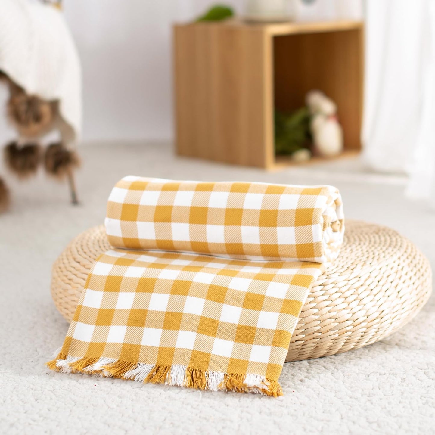 100% Cotton Throw Blanket Plaid Soft Lightweight Cozy Farmhouse Tassels Summer Thin Breathable Throws for Couch Sofa Bed (50" × 60" Yellow)