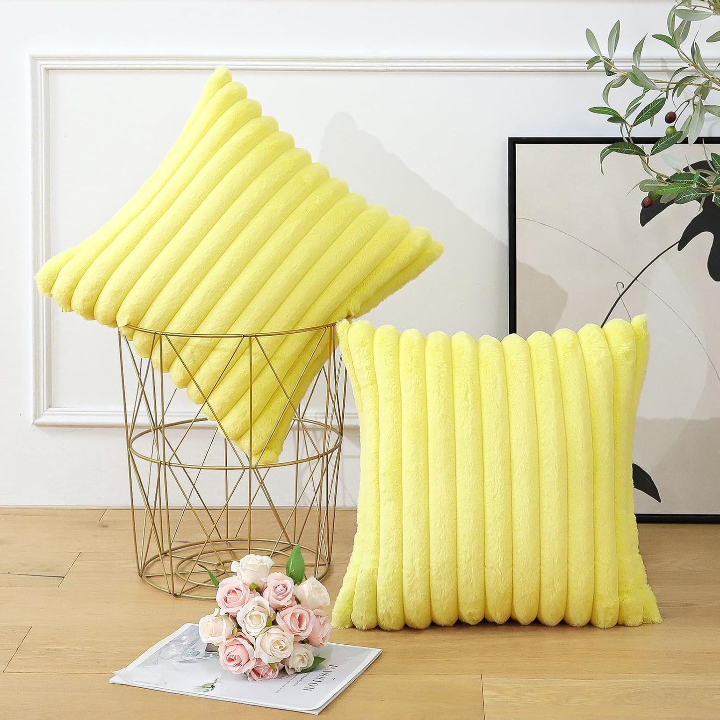 Soleebee Set of 2 Throw Pillow Covers Soft Cozy Velvet Pillowcase Faux Rabbit Fur Cover for Couch Sofa Bed Chair Home Decorative Pillows Cover (24x24 Inch, Lemon Yellow)