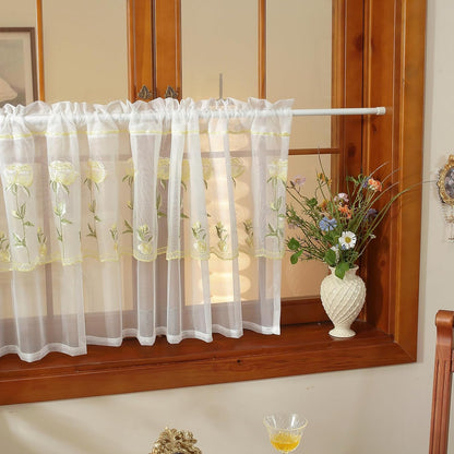 2 Panels Yellow Rose Sheer Valances for Windows Double-Layered Lace Floral Embroidered Kitchen Curtains Over Sink Cafe Curtain, Window Short Small Drapes(Yellow,55"x18")