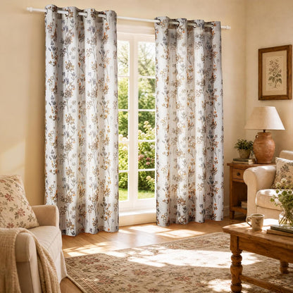 Floral Linen Curtains 72 inch Length 2 Panels Set Flower Patterned Semi Sheer Light Filtering Privacy Farmhouse Grommet Drapes for Living Room, Yellow, 52" W X 72" L, Tan
