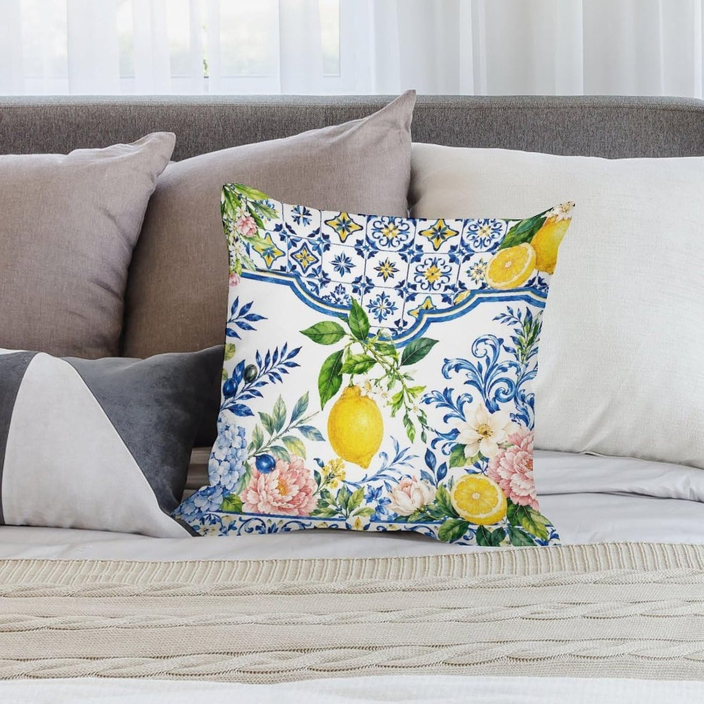 Throw Pillow Covers 18 "x18 Set of 2 - Summer Lemons Blue TilesDecorative Linen Pillow Covers Cushion Cases for Farmhouse Sofa Couch Outdoor Home Decorations
