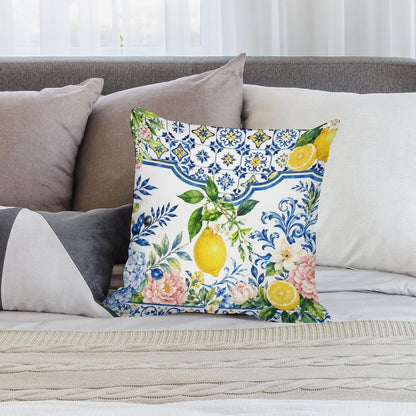 Throw Pillow Covers 18 "x18 Set of 2 - Summer Lemons Blue TilesDecorative Linen Pillow Covers Cushion Cases for Farmhouse Sofa Couch Outdoor Home Decorations