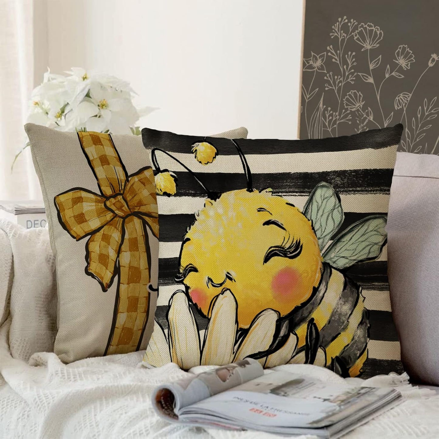Spring Summer Bumble Bee Sunflower Decorative Throw Pillow Covers 18x18 Set of 4, Fall Farmhouse Black White Stripe Home Decor, Yellow Buffalo Plaid Check Quote Outdoor Couch Cushion Case