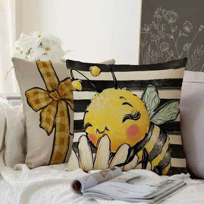 Spring Summer Bumble Bee Sunflower Decorative Throw Pillow Covers 18x18 Set of 4, Fall Farmhouse Black White Stripe Home Decor, Yellow Buffalo Plaid Check Quote Outdoor Couch Cushion Case