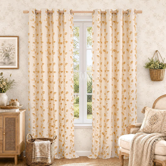 BGment Yellow Linen Curtains for Living Room, Jacquard Leaf Botanical Pattern Tufted Boho Pom Pom Farmhouse French Country Vintage Light Filtering Elegant Luxury Soft Window Drapes, 2 Panels, 52 x 90