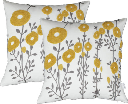 Mustard Yellow Flora Throw Pillow Covers Fall Decorative Pillowcase 18x18 Embroidered Cushion for Home Living Room Farmhouse Couch Sofa Picnic 2 Pcs