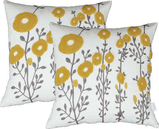 Mustard Yellow Flora Throw Pillow Covers Fall Decorative Pillowcase 18x18 Embroidered Cushion for Home Living Room Farmhouse Couch Sofa Picnic 2 Pcs