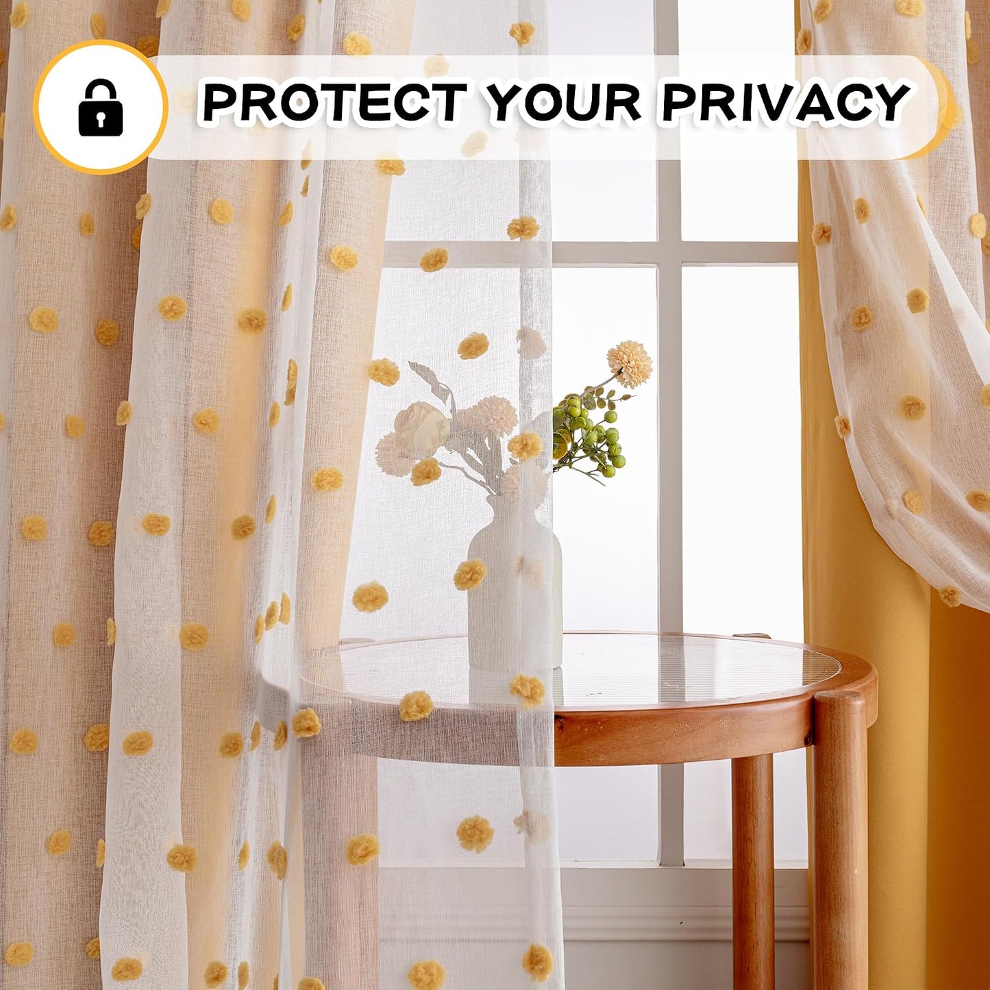 MYSKY HOME 90 Inches Long Living Room Curtains with Yellow Pom Pom Sheer Nursery Curtain Kids Blackout Drapes for Bedroom Double Layer Room Darkening Window Panels Grommet, Yellow, 52" Wide, 2 Pieces