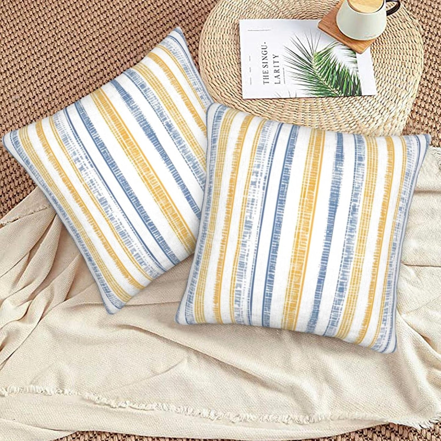KiuLoam Boho Blue Yellow Striped Throw Pillow Covers 18 x 18 Set of 2, Summer Stripe Decorative Pillow Cases Square Cushion Covers for Bedroom Couch Bed Living Room Decor
