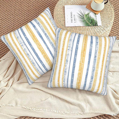 KiuLoam Boho Blue Yellow Striped Throw Pillow Covers 18 x 18 Set of 2, Summer Stripe Decorative Pillow Cases Square Cushion Covers for Bedroom Couch Bed Living Room Decor