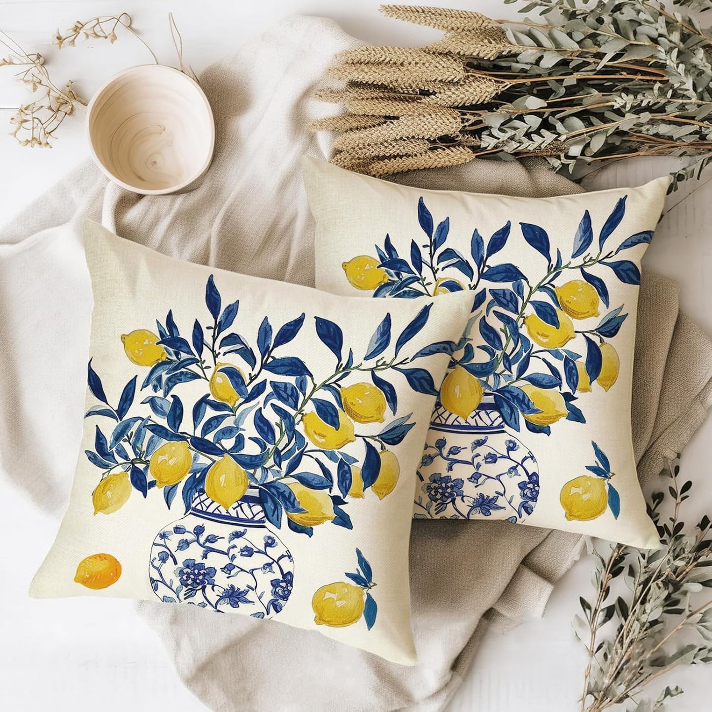 Fahrendom Lemon Decorative Throw Pillow Covers 18 x 18 Set of 2, Blue and White Porcelain Citrus Porch Pillowcase, Summer Mediterranean Sofa Couch Cushion Case Home Decor
