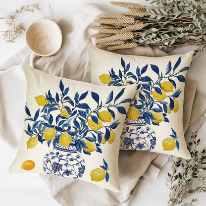 Fahrendom Lemon Decorative Throw Pillow Covers 18 x 18 Set of 2, Blue and White Porcelain Citrus Porch Pillowcase, Summer Mediterranean Sofa Couch Cushion Case Home Decor