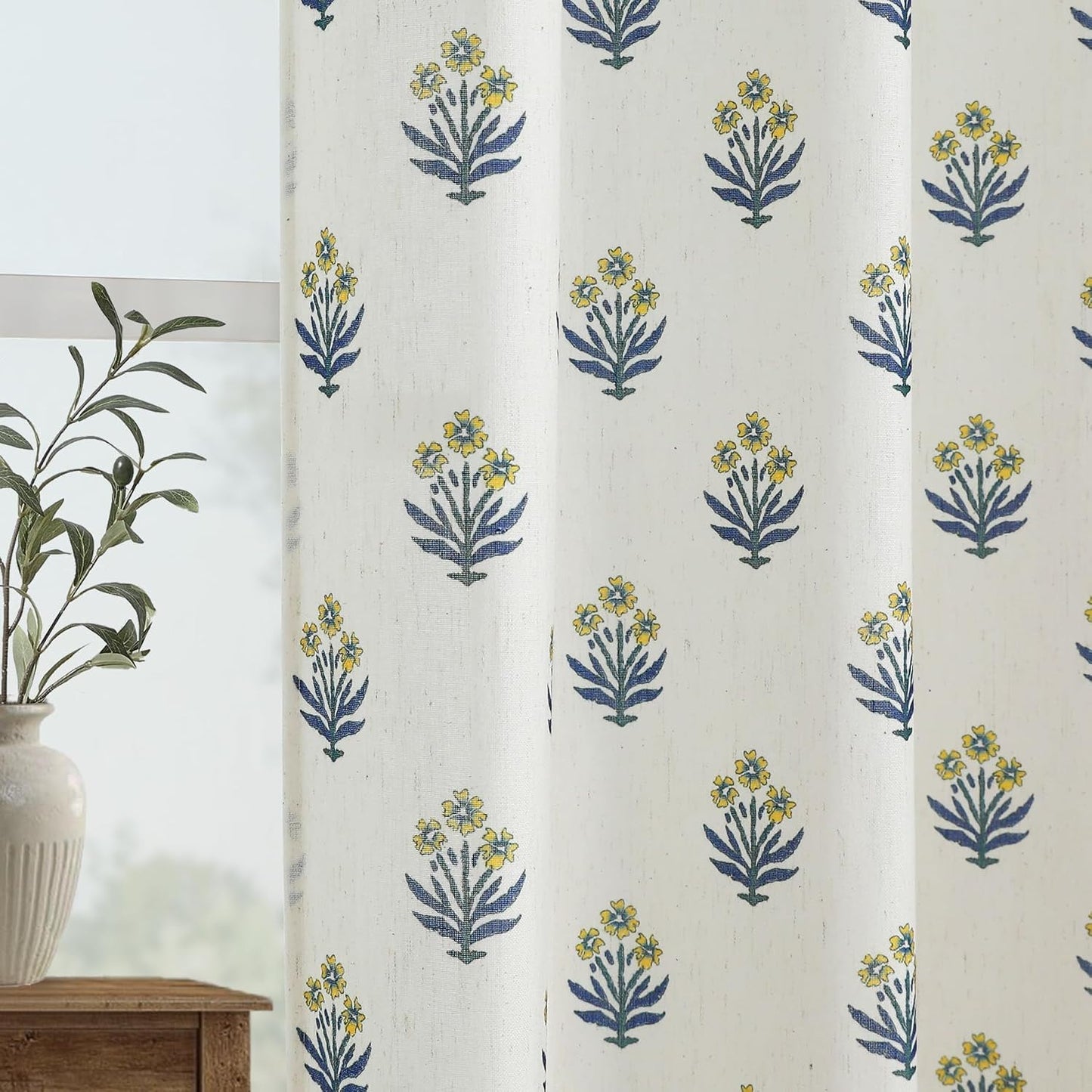 Lino Rosa Spring Mustard Yellow Curtains for Living Room,Sheer Flower Pattern Retro Floral Pretty Mid Century Modern Curtains for Bedroom Window 2 Panel Sets,52 x 84 Inches Long,Yellow and Blue