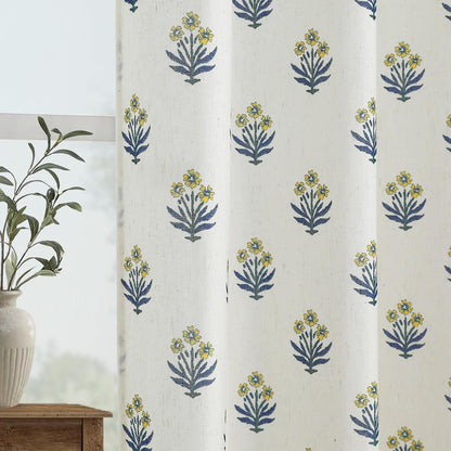 Lino Rosa Spring Mustard Yellow Curtains for Living Room,Sheer Flower Pattern Retro Floral Pretty Mid Century Modern Curtains for Bedroom Window 2 Panel Sets,52 x 84 Inches Long,Yellow and Blue